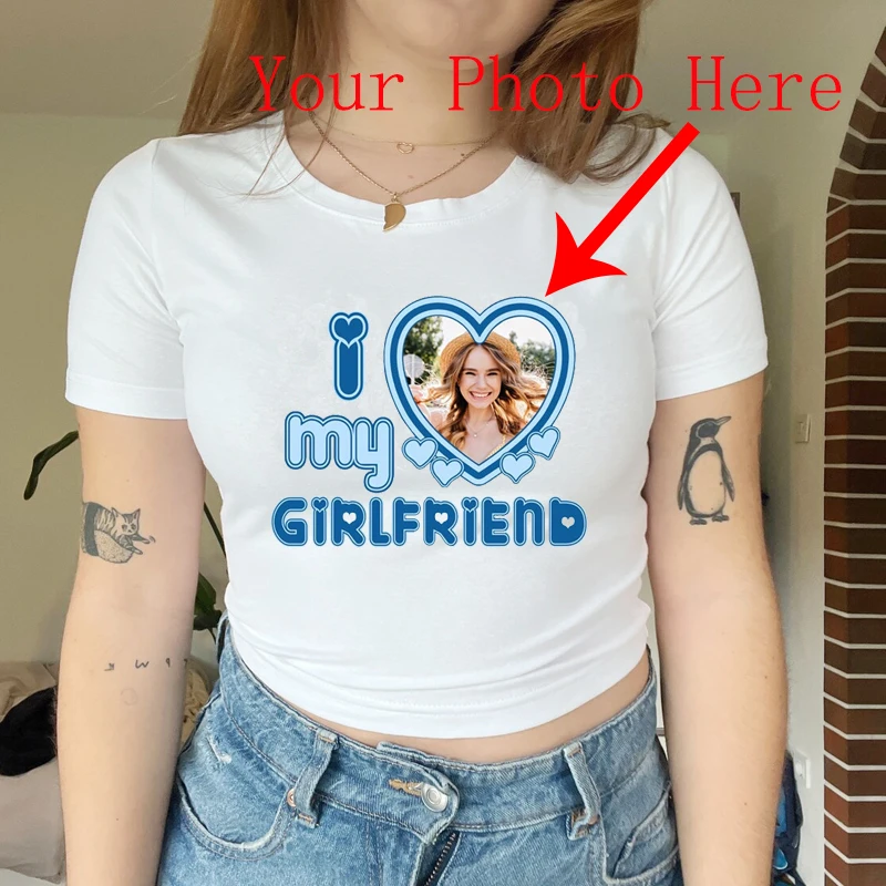 I Love Heart My Girlfriend with Your Photo Women Crop Top BFF Bustier Picture Print on Your T Shirt Baby Tee Custom Gift Tshirt