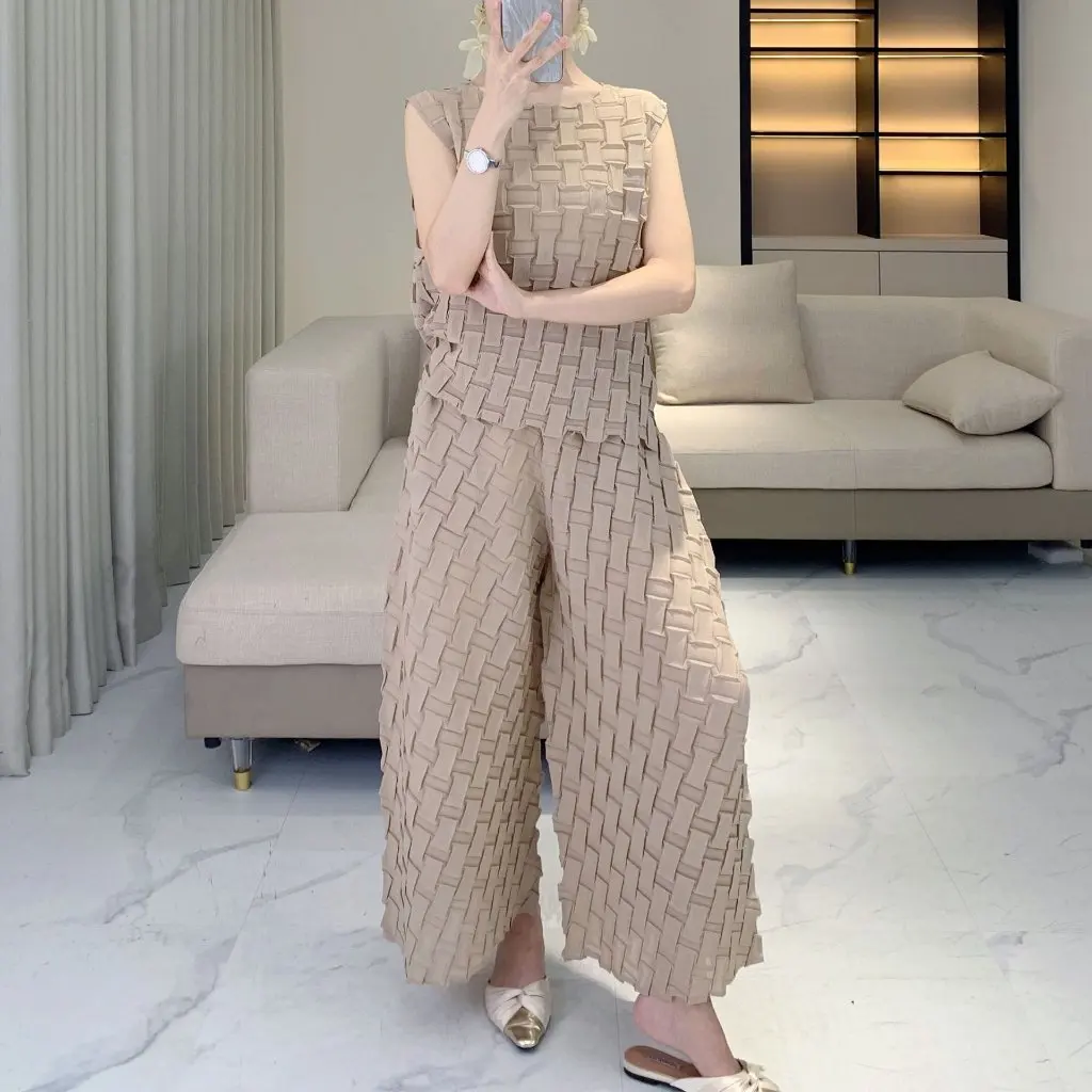 

Miyake женский летний модный костюм, топ без рукавов и широкие брюки, плиссированный дизайн, универсальный комплект из двух предметов для поездок на работу