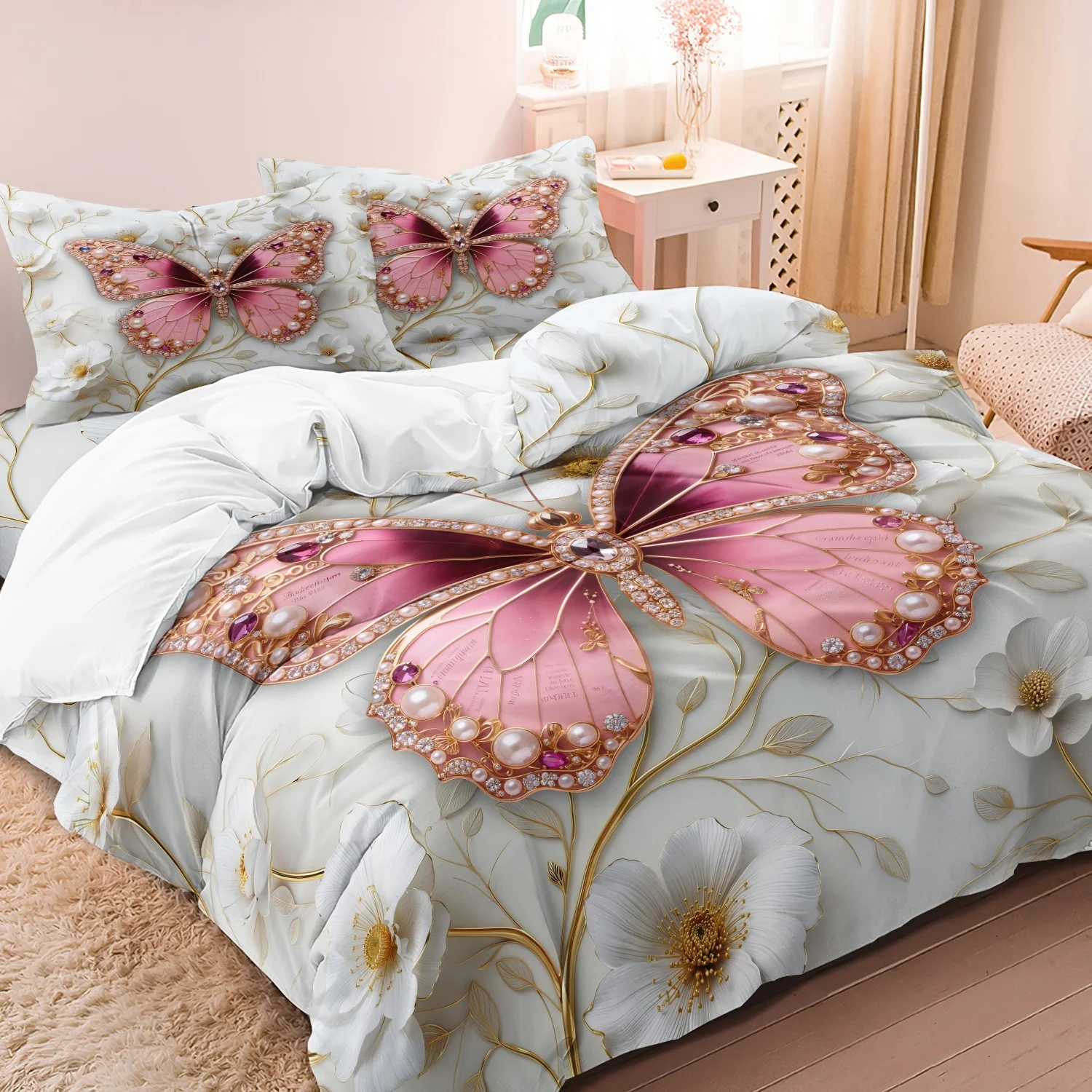 

3pcs Luxury Jewel Butterfly Print Bedding Set, Pink Gemstone Butterfly Duvet Cover, 1 Duvet + 2 Pillowcases (No Inserts),