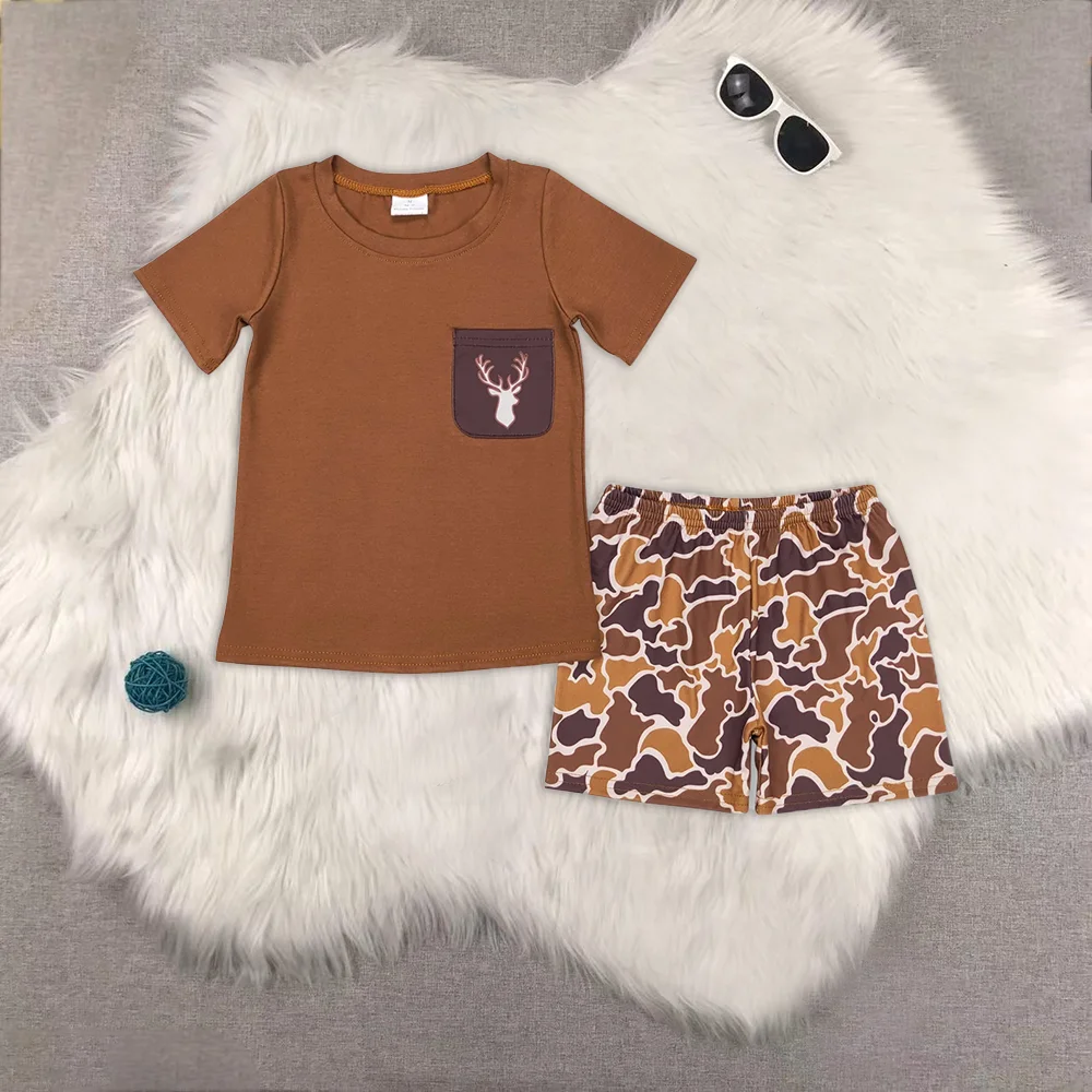 

Baby Boys Brown Camo Deer Pocket Shirt Shorts Clothes Sets