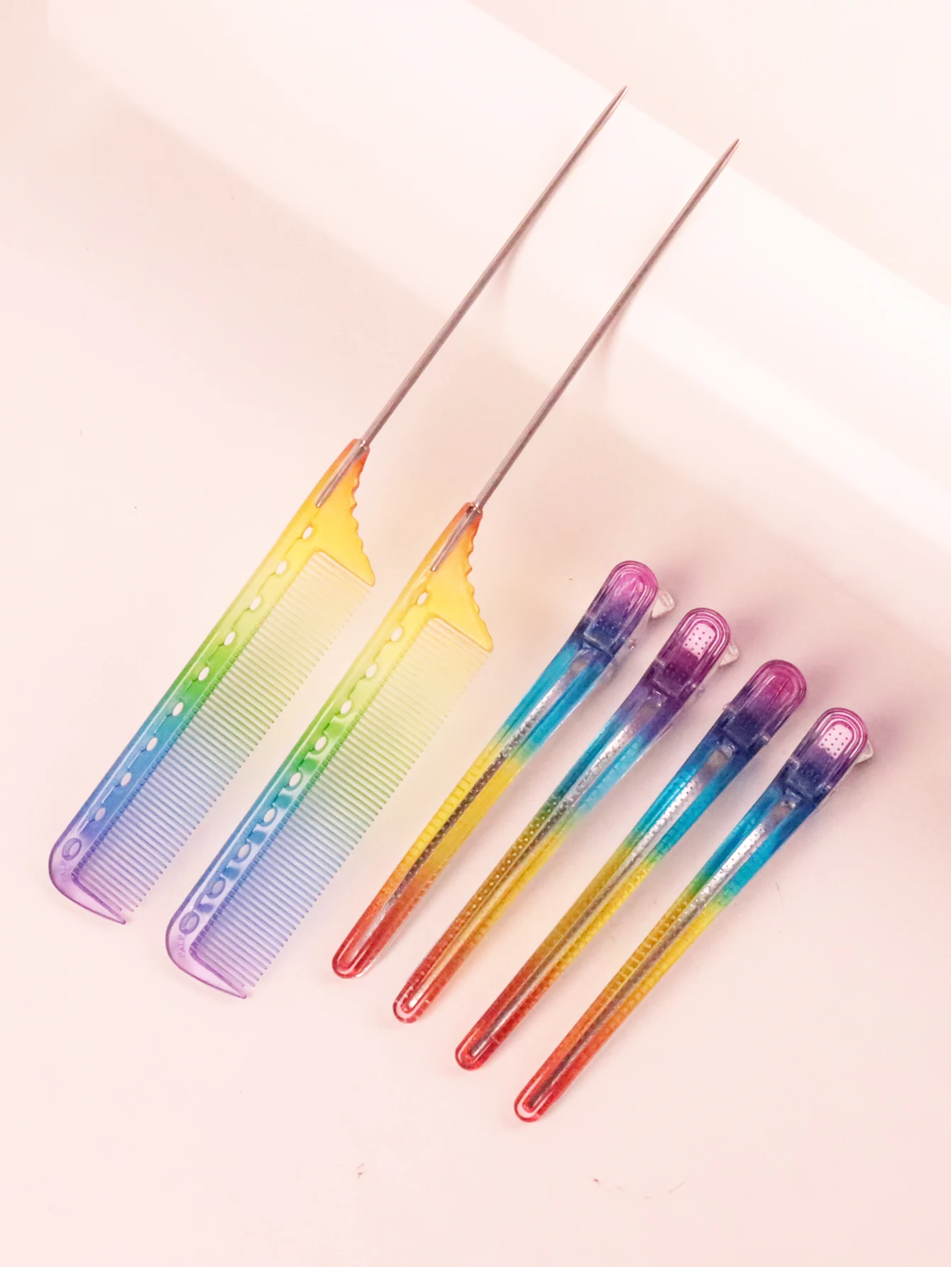 

6pcs professional pointed ponytail comb rainbow clip stainless steel ponytail comb hair styling tool Special for real hair wigs