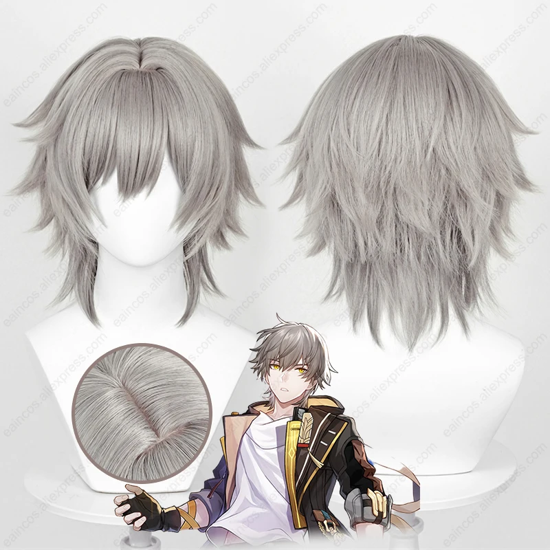 HSR Peluca de Cosplay Trailblazer para hombre, pelo sintético resistente al calor, gradiente gris, 36cm