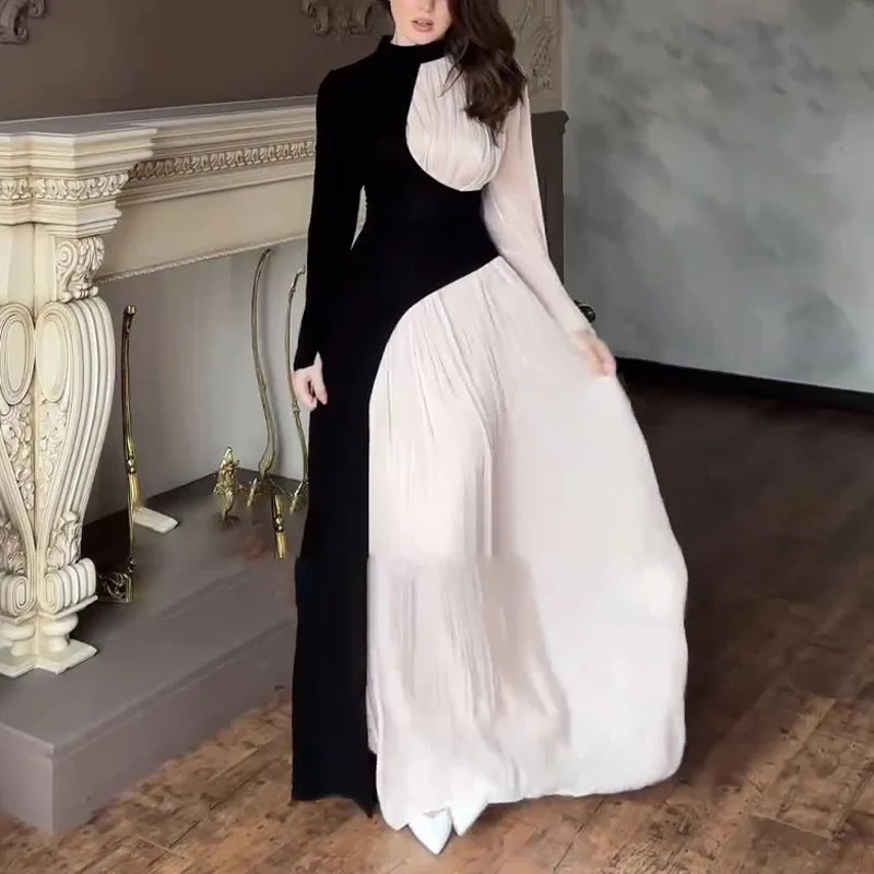 Pleated Panel Dress Long-sleeved High-neck Chiffon Ruffle Train Skirt Fashionable Wedding Guest Attire 2026 Collection Free Alte