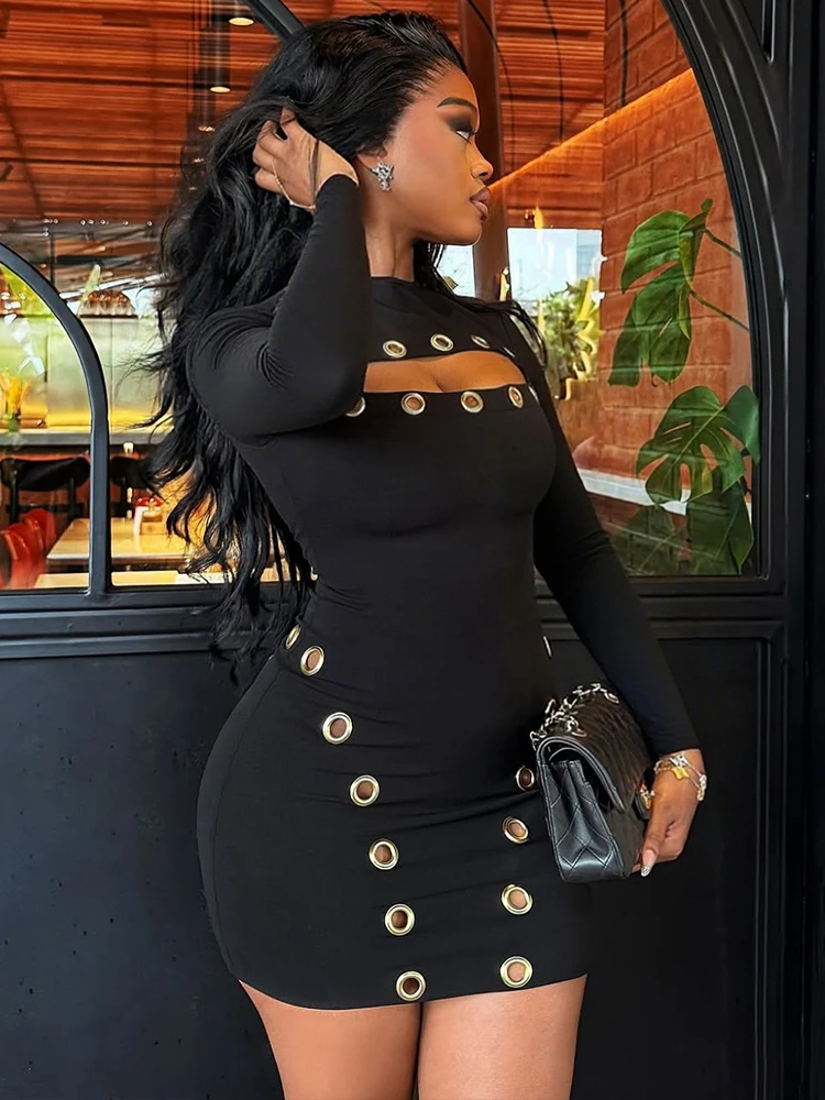 فستان نسائي غريب بفتحة معدنية Y2K مثير مجوف بأكمام طويلة ضيق الخريف محب منتصف الليل كلوبوير حفلة قابلة للتمدد Bodycon صغير