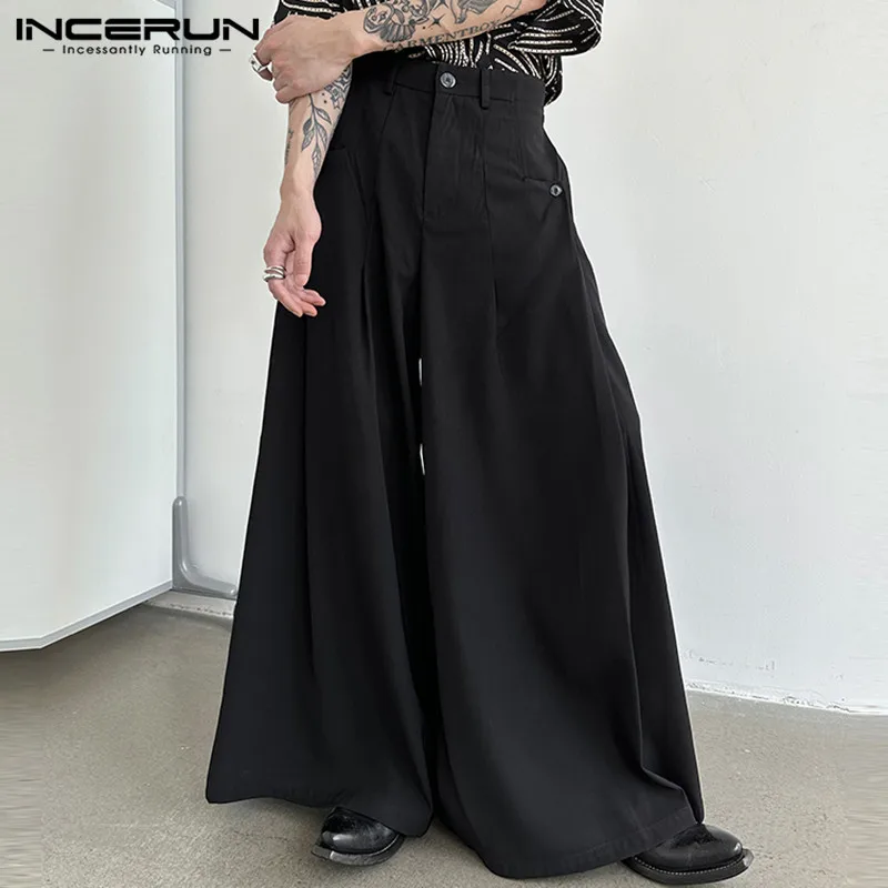 

INCERUN 2023 Korean Style Men's Pantalons Solid Loose All-match Long Pants Casual Streetwear Male Drape Wide Leg Trousers S-5XL