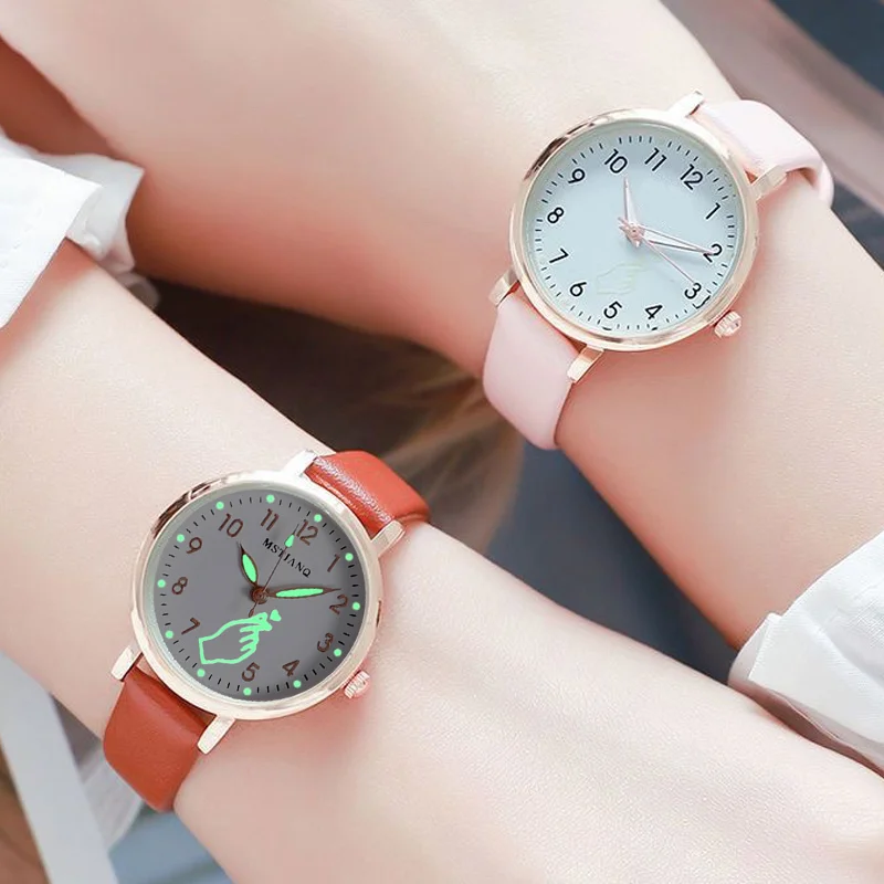 Relógios luminosos femininos noite brilhante casual pequeno dial senhoras dedo coração relógio moda meninas rosa quartzo relógios de pulso presentes