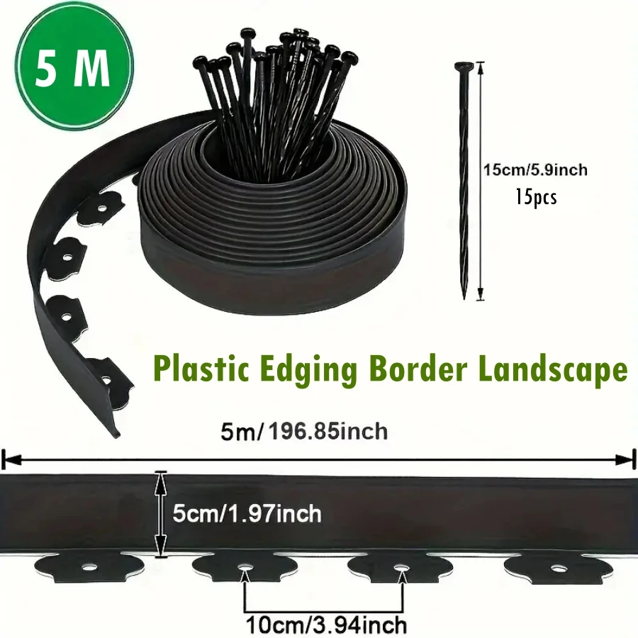 5M Fixed Garden Barrier Lawn Grass Plastic Edging Border Landscape Edging Garden Edge Kit With 15 Anchoring Spikes Easy Install