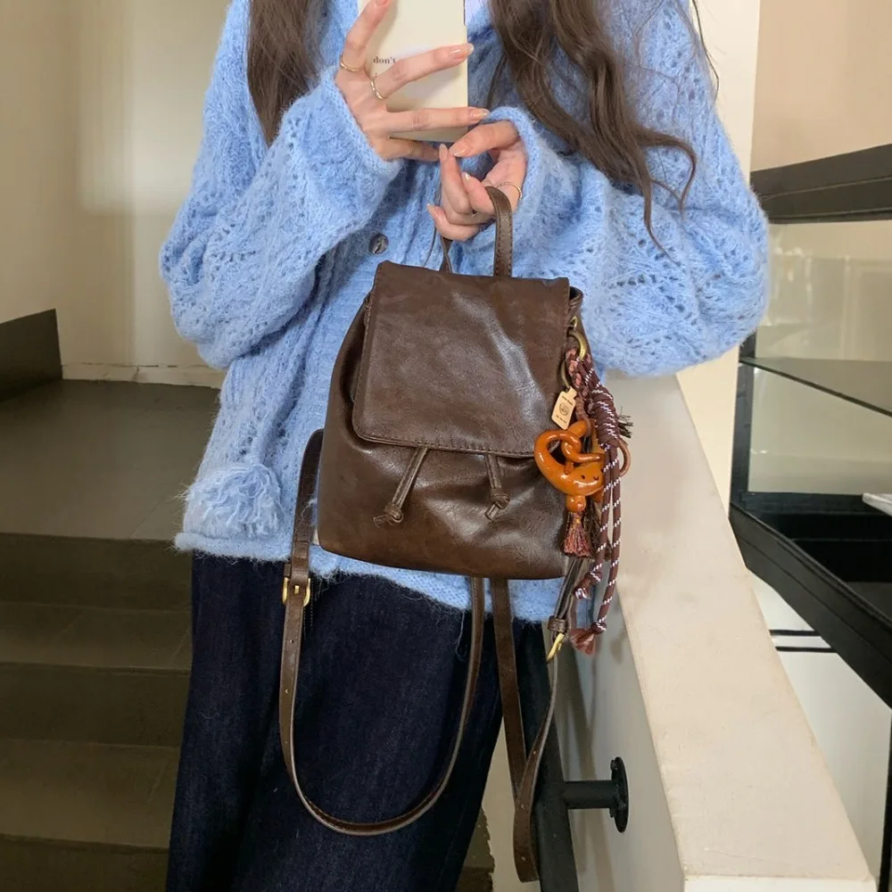 American Brown Pebbled Leather Retro PU Soft Leather Commuting Backpack Versatile Crossbody Two-shoulder Small Bag