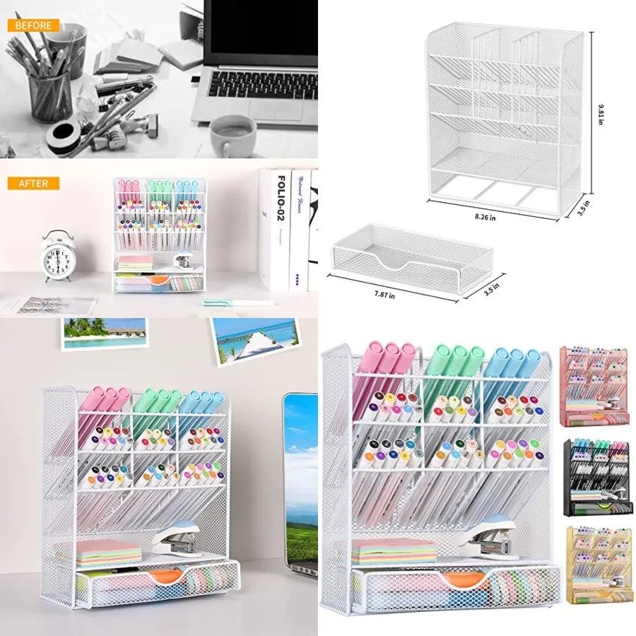 

Pen Holder Desk Organizer - Desk Organizers and Accessories Pencil Holder with 10 Compartments and 1 Drawer White