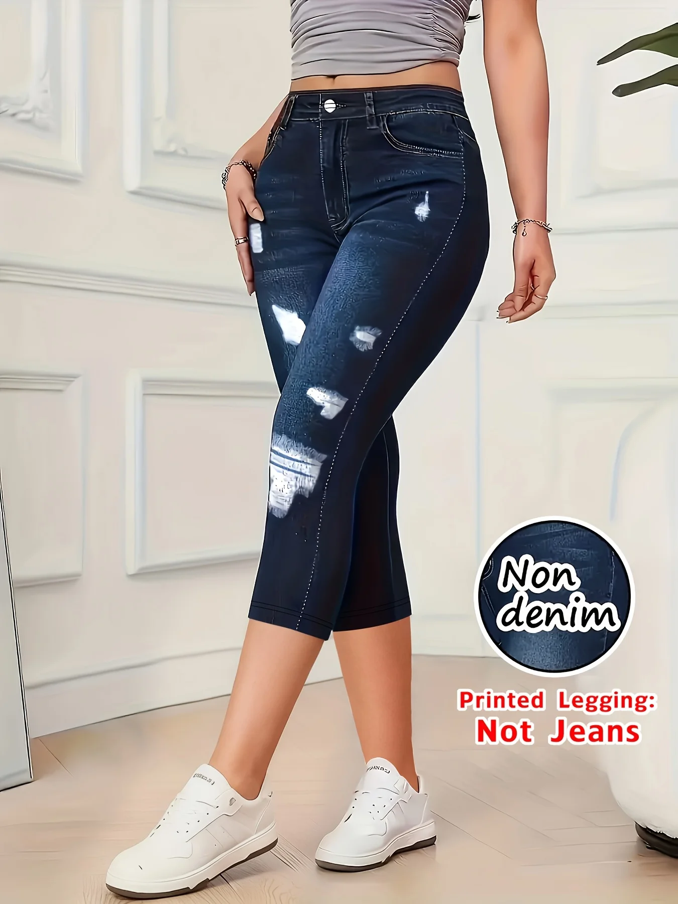 Non-Denim Women's Imitation Denim Printed Capri Leggings, Soft Breathable Slim Fit 7/8 Pants, Casual Sports Yoga Beach Vacation