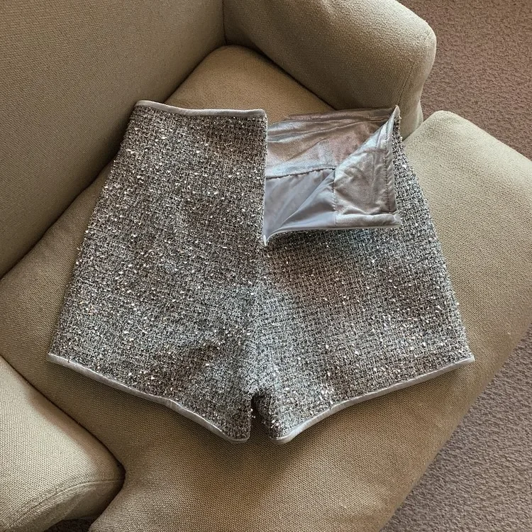 Shorts voor vrouwen sexy hoge taille zilveren pailletten korte mujer y2k rechte wijde pijpen casual cargo pantalones cortos de