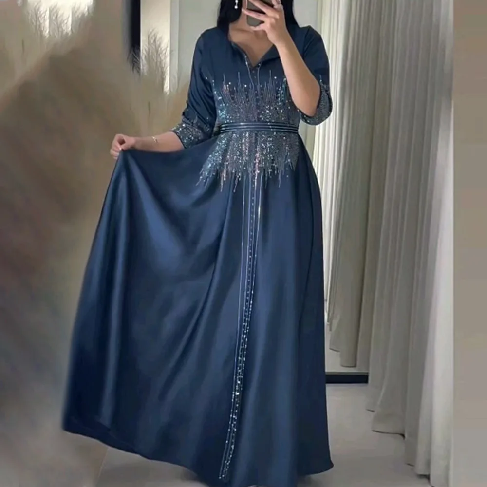 

Elegant Caftan Satin Diamonds Marocain Femme Musulmane Jalabiya Women Muslim Evening Maxi Dress Dubai Turkey Kaftan Abaya Robe