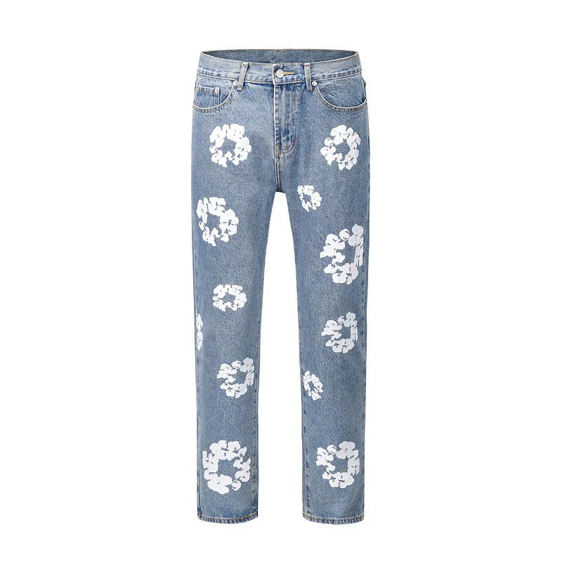 Men\'s Flower Printed Jeans Y2K Fashion Washed Blue Slim Denim Pants With Pocket Male High Street Unisex Casual Jeans Trousers