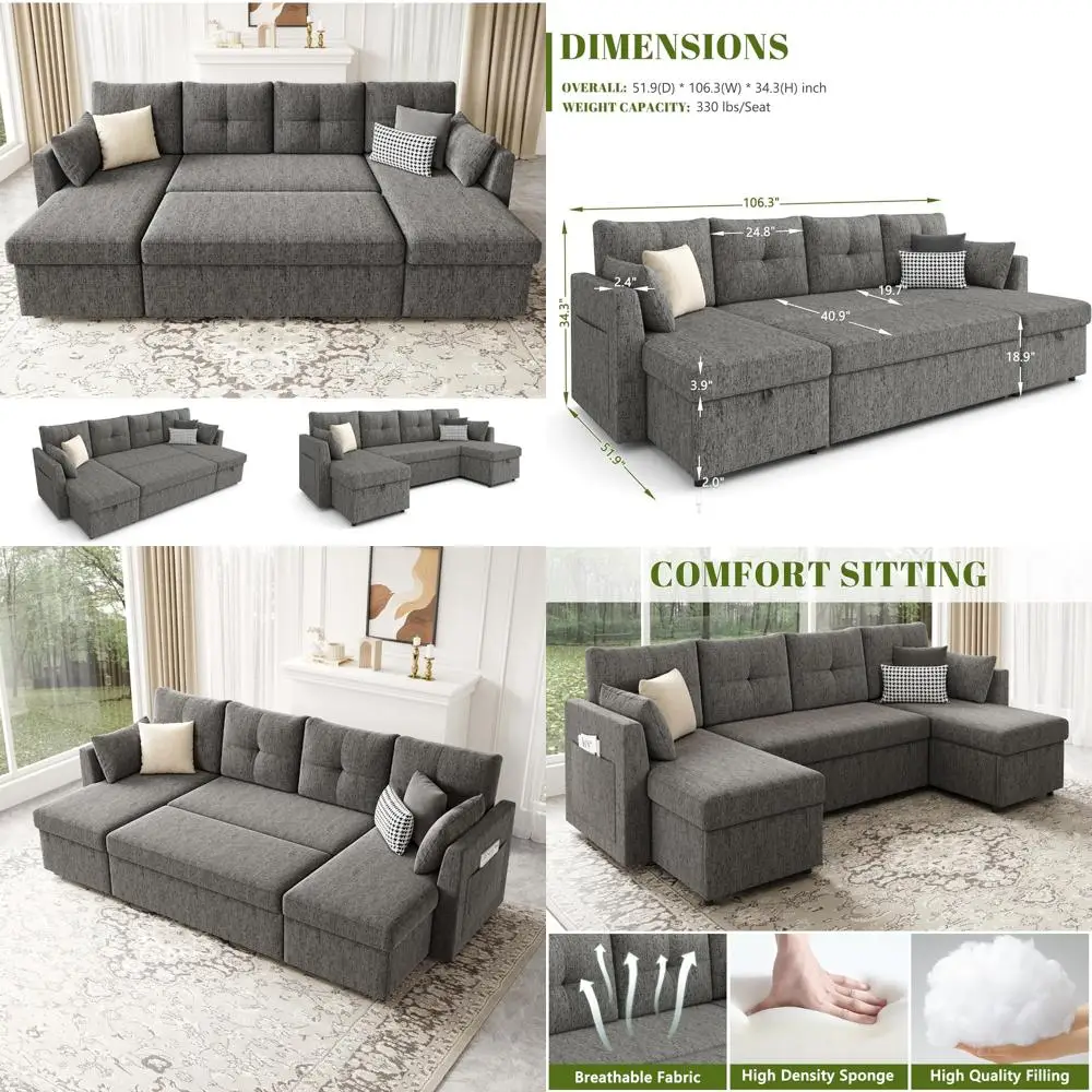 

Расширенный диван-кровать, 110-дюймовый раскладной диван-кровать с шезлонгом для хранения вещей и боковой секцией