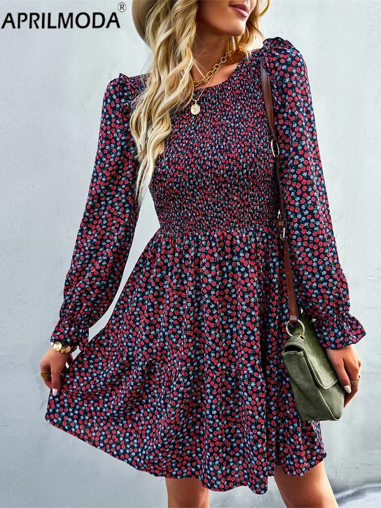 

Elegant Floral Print Casual Women's Vintage Dress Long Puff Sleeve O Neck French Style Loose Beach Holiday Evening Party Dresses