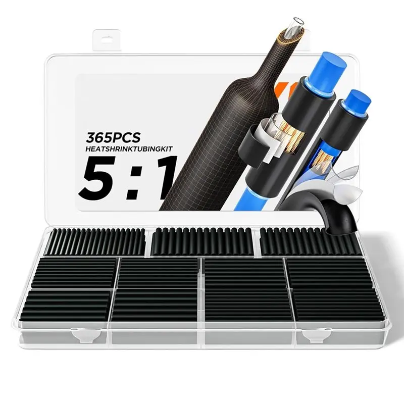 T21C 5:1 Heat Shrink Tubing Kit 365PCS, 5:1 Ratio Shrink Wrap Tubing Adhesive Lining, Heat Shrink Wire Connectors For Auto RV