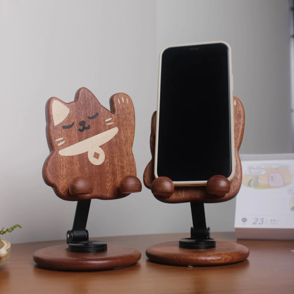 Wooden Cat Phone Stand Handmade Adjustable Phone Holder with Cute Cat Design for Desk Decoration and Phone Support