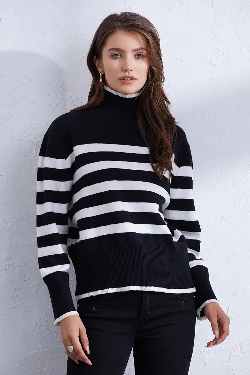 Cozy High Neck Thick Knit Sweater Woman Winter Turtleneck Long Sleeve Sweater Oversized Black Striped Knitted Sweater For Women