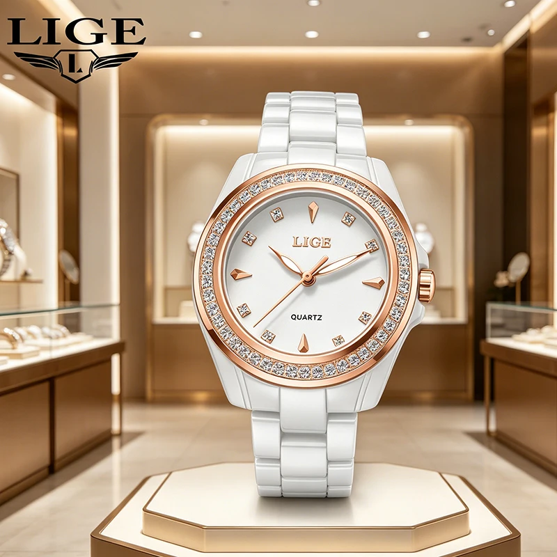 LIGE 2026 new casual fashion women's watch ceramic luminous waterproof quartz clock vintage watches elegant Women's wristwatch