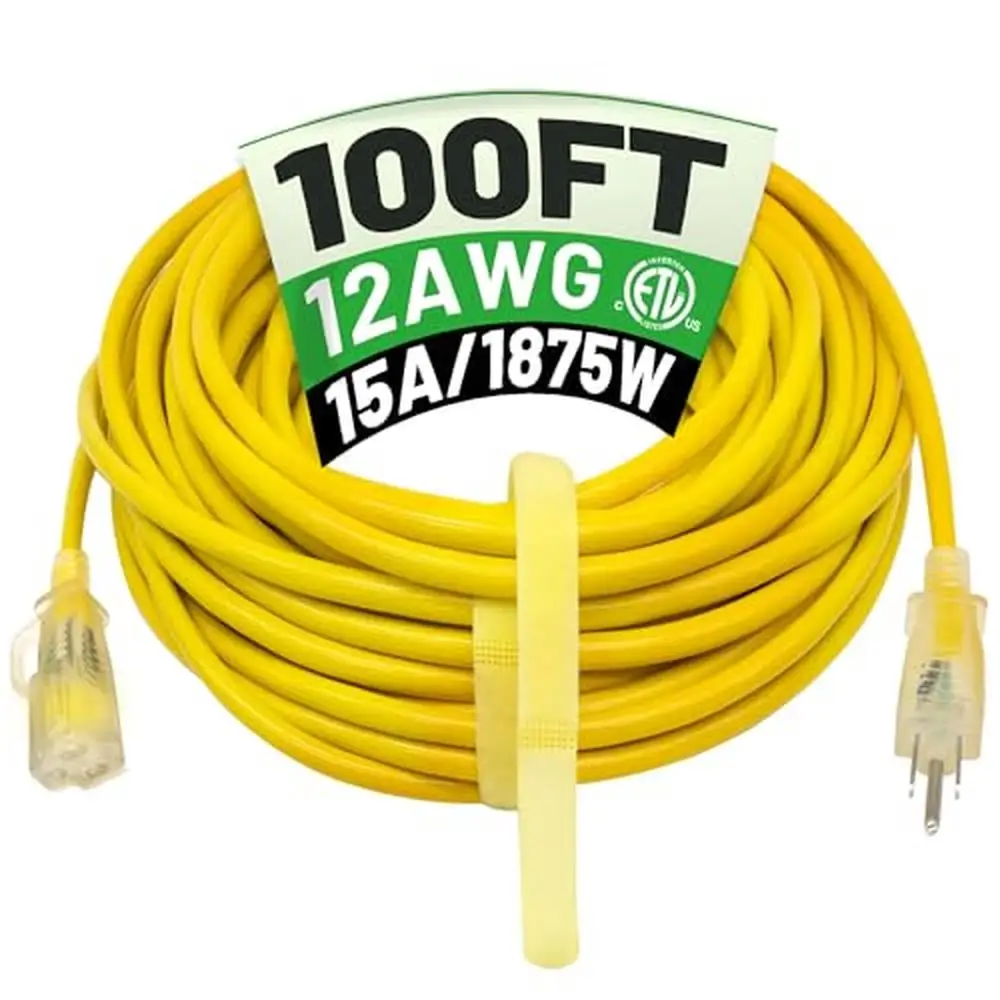 Heavy Duty 100ft Outdoor Extension Cord Waterproof 12 Gauge 3 Prong Flexible Cold-Resistant Lighted End Weather-proof Safe