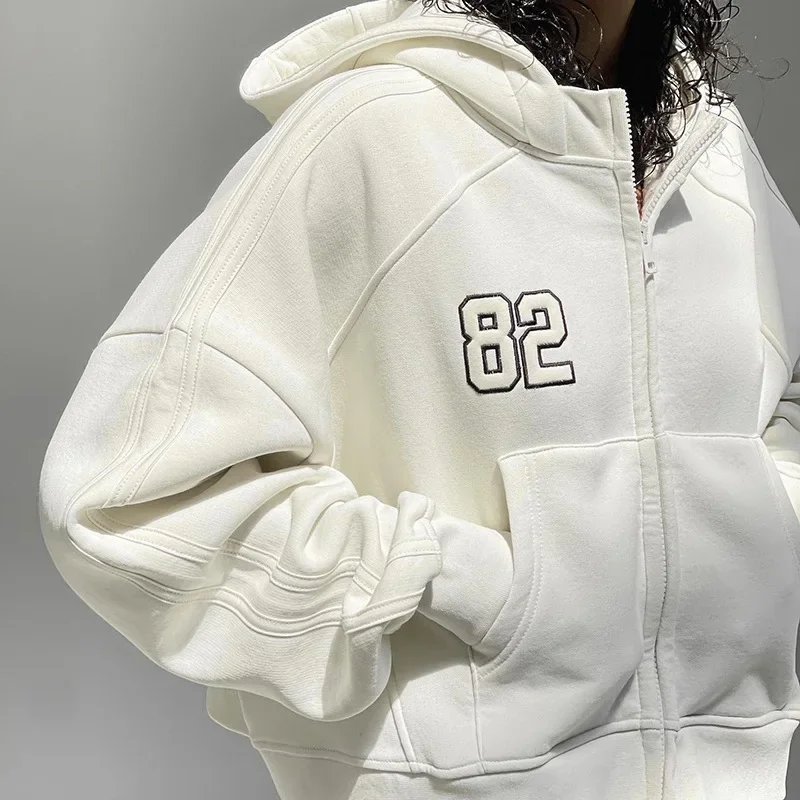 Casual Loose Zip Up Hoodies Women Autumn Winter White Hood Shirt Y2K Harajuku Streetwear Jacket Vintage Sweatshirts Kpop Hoodie