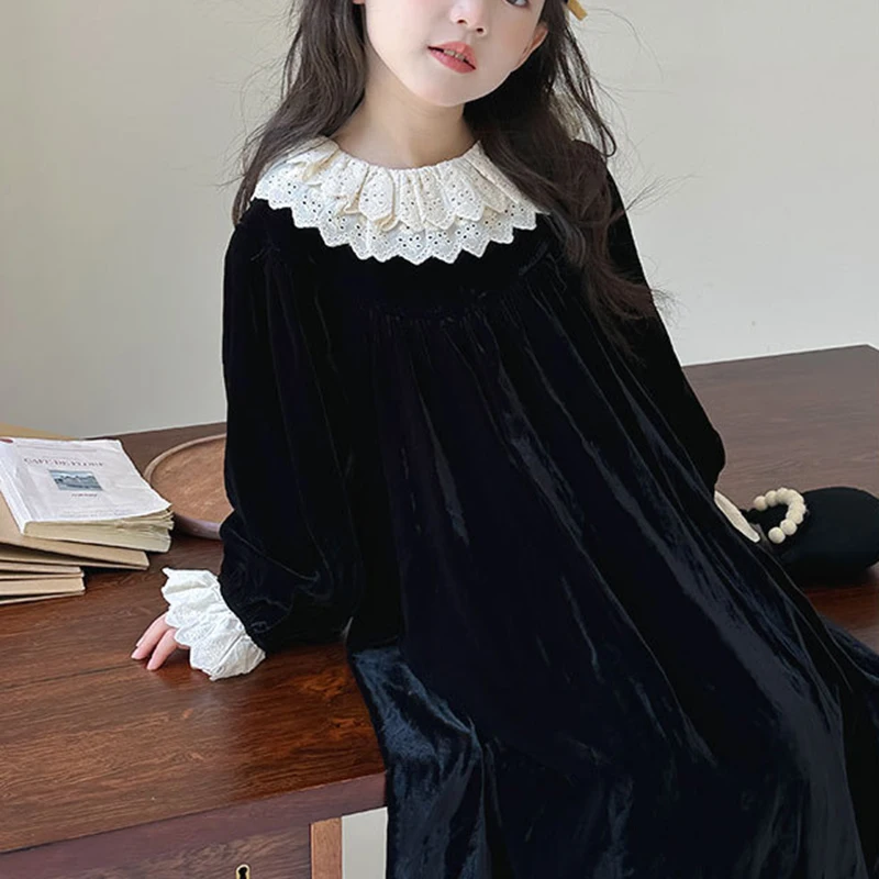 Girls  velvet long sleeve dress autumn baby French princess skirt Korean doll collar children's skirt