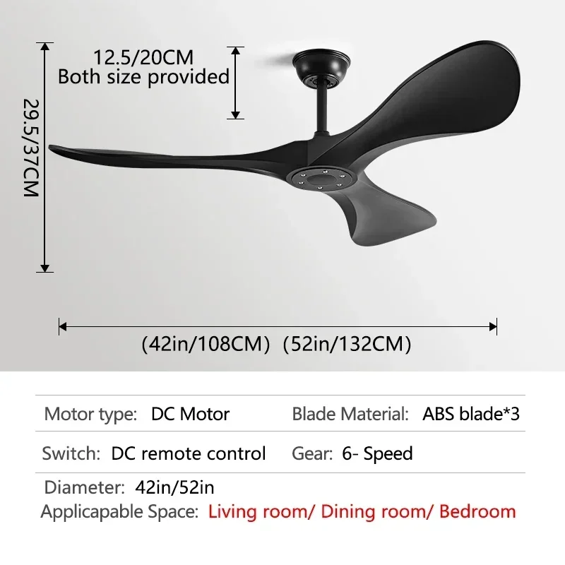 42 52 60 Inch Ceiling Fan 3 Blades Vintage Industrial ABS Ventilator No Light Remote Control for Coffee Shop Home Hotel Office