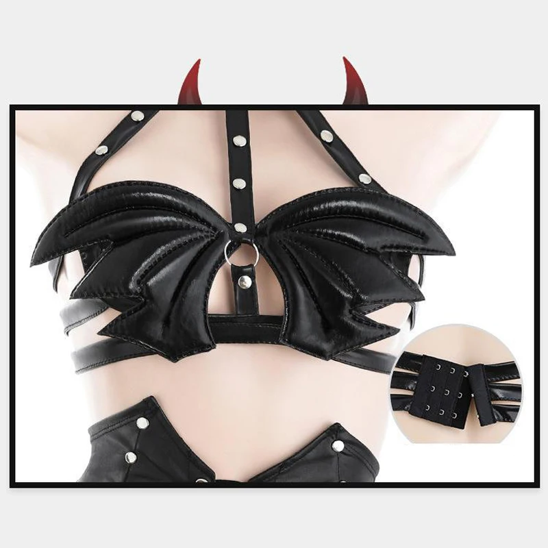 2022 Halloween Devil Cosplay Costume Rivet Straps Devil Wings Leather Lingerie Women Girl Sexy Dark Night Demon Pajamas Outfits