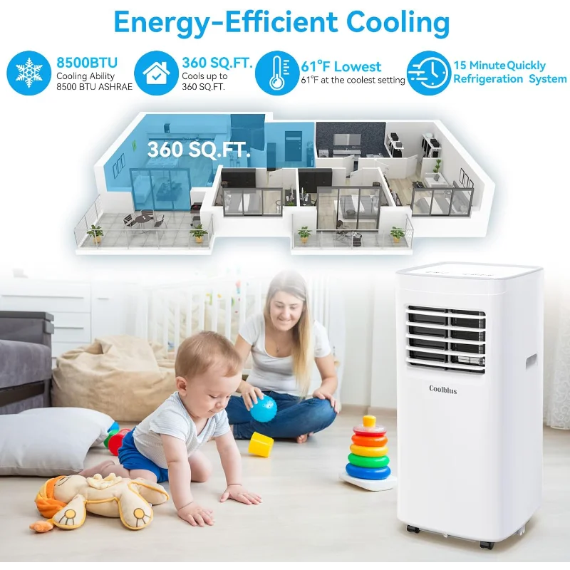 Climatiseurs portables 8500 BTU refroidis jusqu'à 360 pieds carrés, unité ca portable 3 en 1 avec télécommande/affichage LED/minuterie 24 heures