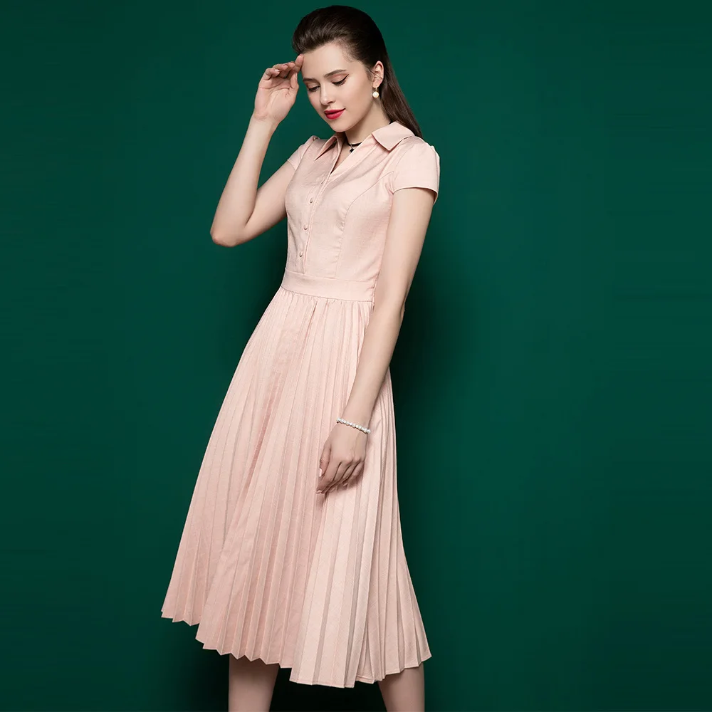 High End Dress Women'S New Summer French Style Polo Collar Short Sleeve Retro Pleated Skirt