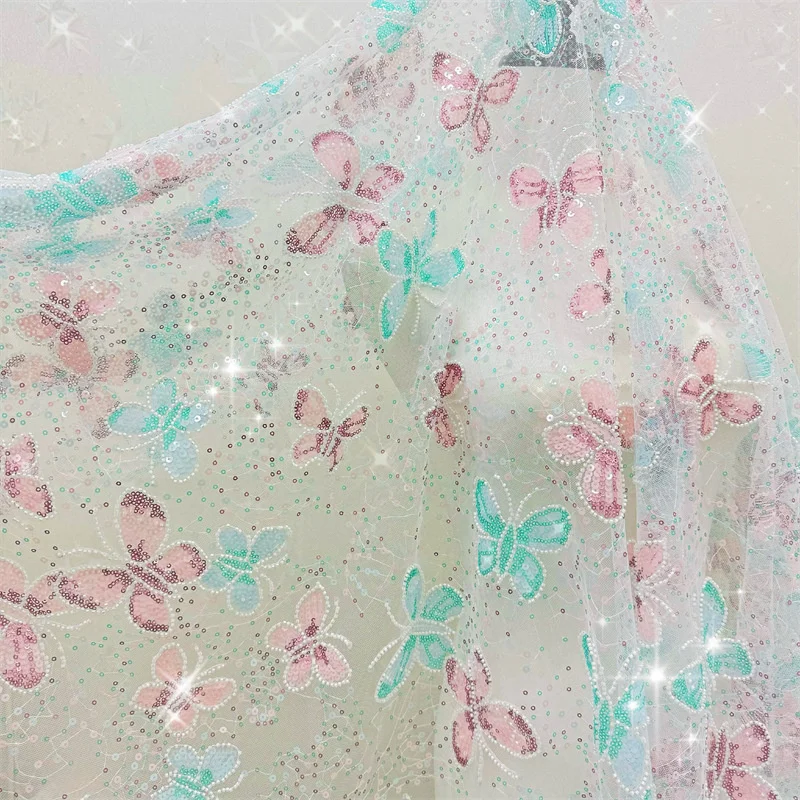 

1 yard Multi colors Heavily embroidery Butterfly sequins Beading lace fabric For Evening Ball Gown Sewing Costume Design