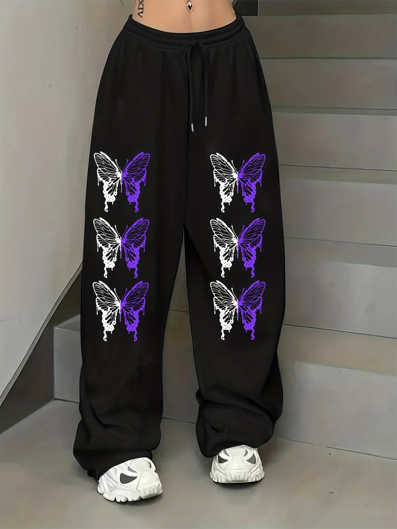 

Purple Gradient Butterfly Print Casual Sportswear Pants with Drawstring Elastic Waist American Casual Trendy Straight-leg Pants
