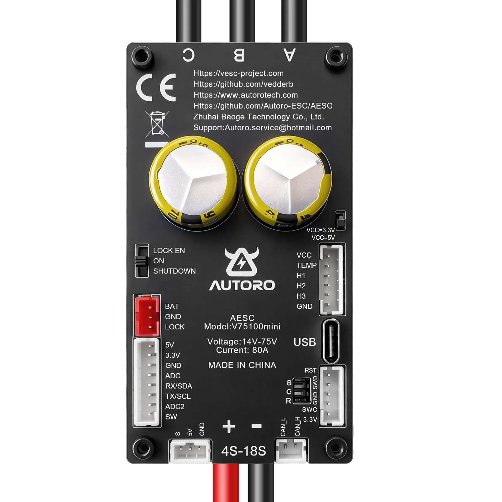 Autoro 75100 Mini 75300&MK5 VESC Controller Based 4S-18S 75V 80A FOC Motor Controller for DIY Electric Skateboard Ebike Robotics