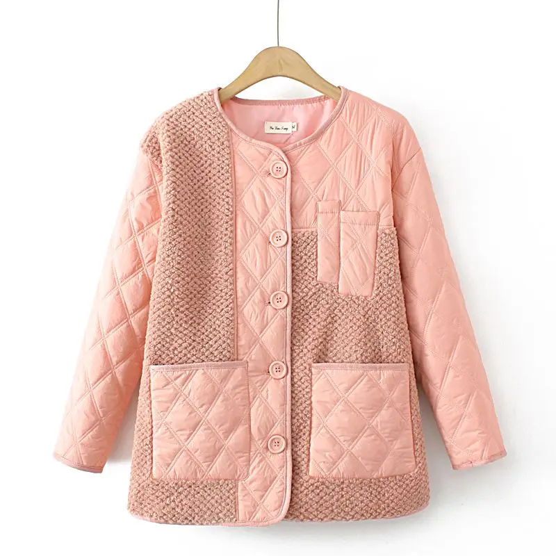 2024 Autumn/Winter New Women's Oversize Cotton Coat Loose Commuter Casual Spliced Round Neck Jacket