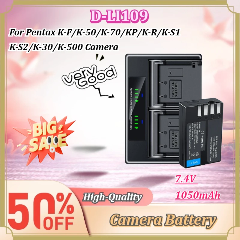 For Pentax K-F/K-50/K-70/KP/K-R/K-S1/K-S2/K-30/K-500 Camera D-LI109 7.4V 1050mAh Rechargeable Li-ion Battery & USB Dual Charger