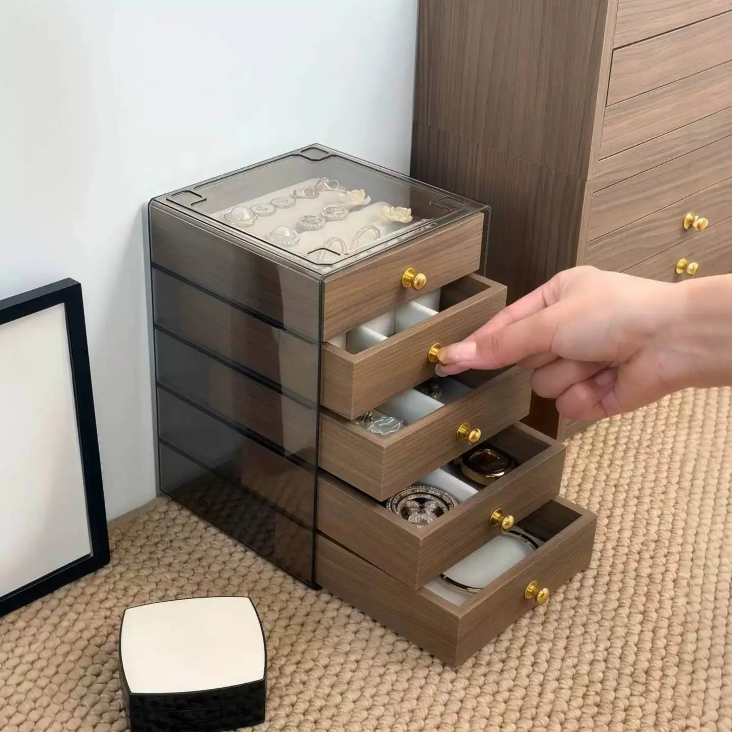 エレガントな多層ウォールナット模様のジュエリー収納ボックス、イヤリングリングホルダー、ファッションアクセサリーオーガナイザー、ヴィンテージスタイルの木製