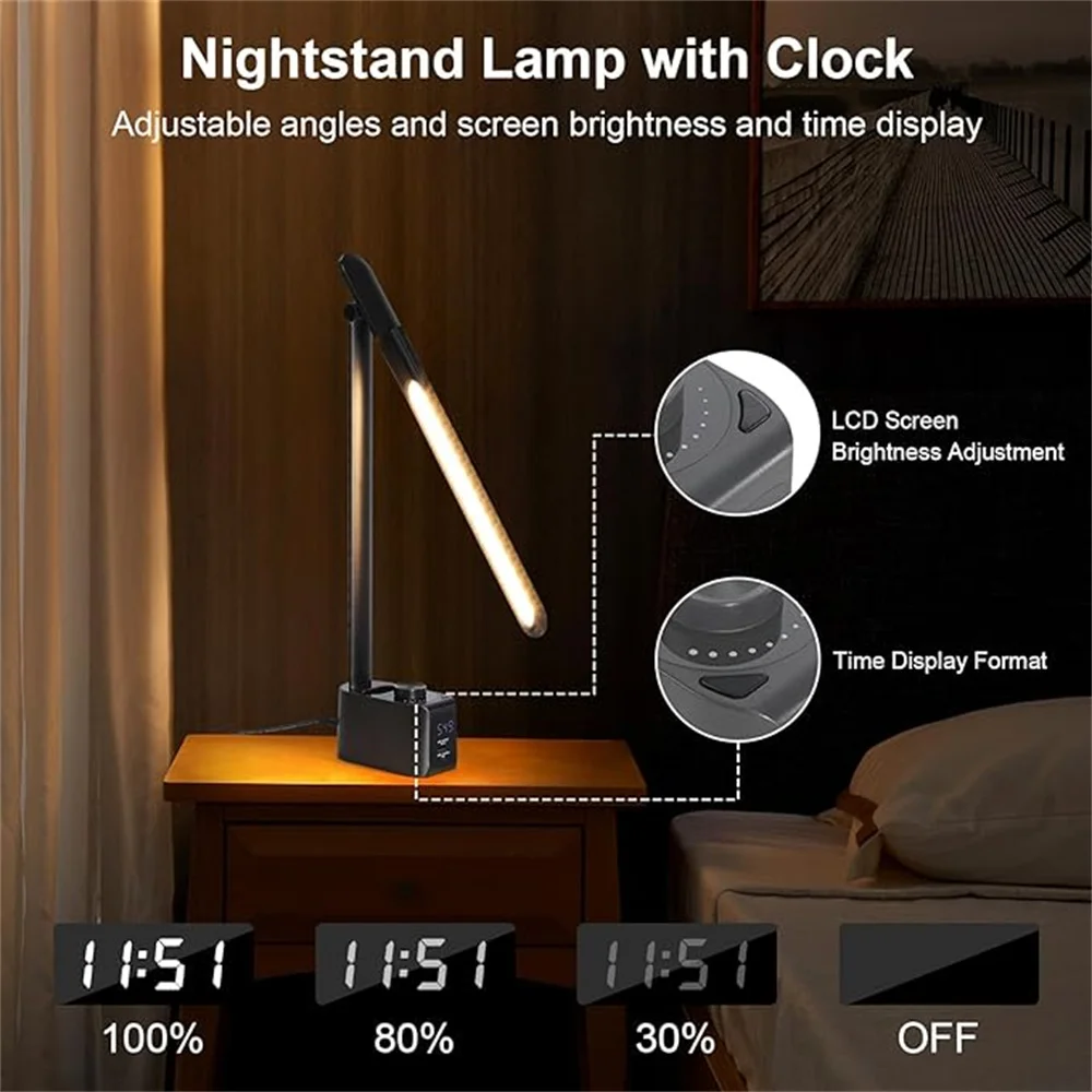 LED Lamp with USB Charging Port, 5 Color Modes,Foldable  Lamp with Clock, Pen Holder, Desk Lamps for Small Spaces Study Reading