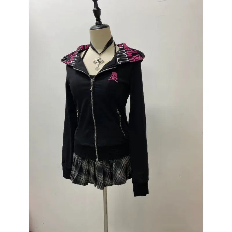 Hitam Streetwear Hoodie pakaian wanita huruf tengkorak cetak ritsleting Y2k mantel Harajuku Jepang kaus jaket atasan Ropa Mujer