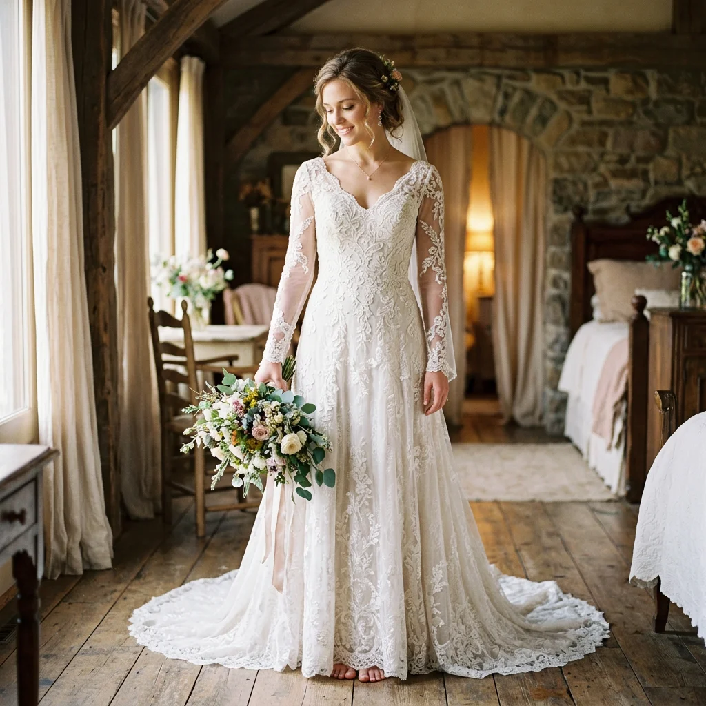 V Neck Long Sleeve Lace A Line Wedding Dress with Scalloped Train Rustic Bridal Gown