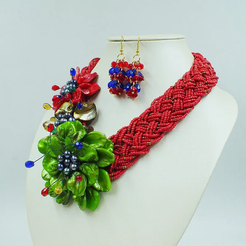 Classic women's party necklace and earring set. Handmade woven shell flower jewelry 19”