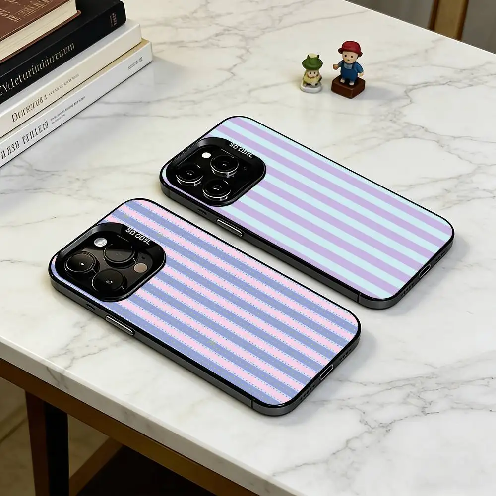 

Colorful Striped Lichee Pattern Phone Case For iPhone 17,16,15,14,13,12,11 Plus,Pro Max,XS,Colored Silver Plated Inside Cover