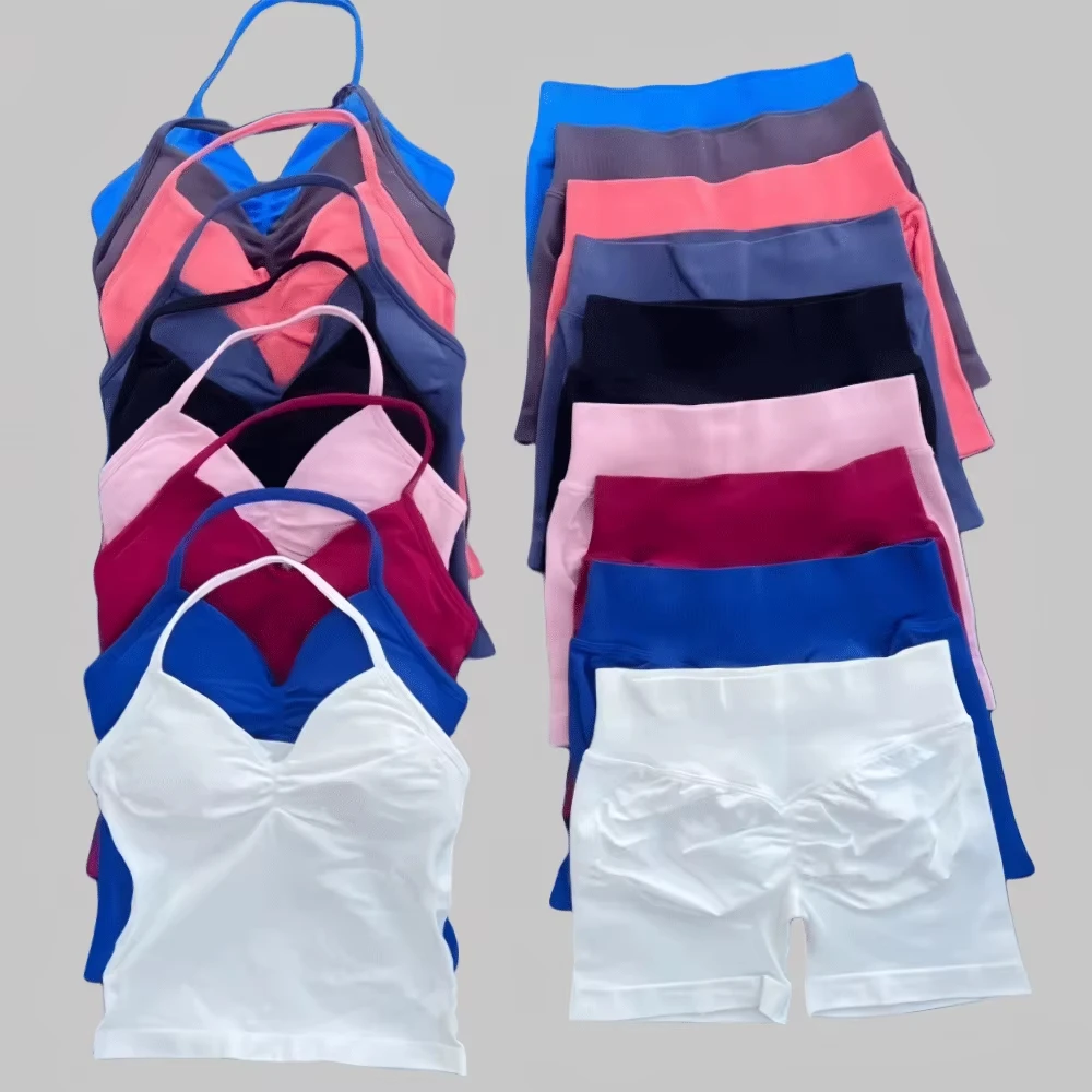 

Impact Gym Set Women Two Piece Set Backless Tank Yoga Tops High Waist Scrunch Seamless Shorts Sport Suit Sportswear Workout Set