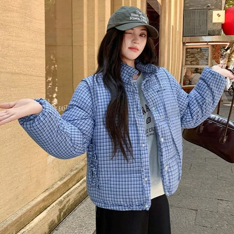 معطف 2025 جديد شتاء دافئ الأزرق منقوشة للإزالة كم المرأة سترة قطن فضفاضة سميكة موضة أسفل المرأة سترة قطن H687 #6