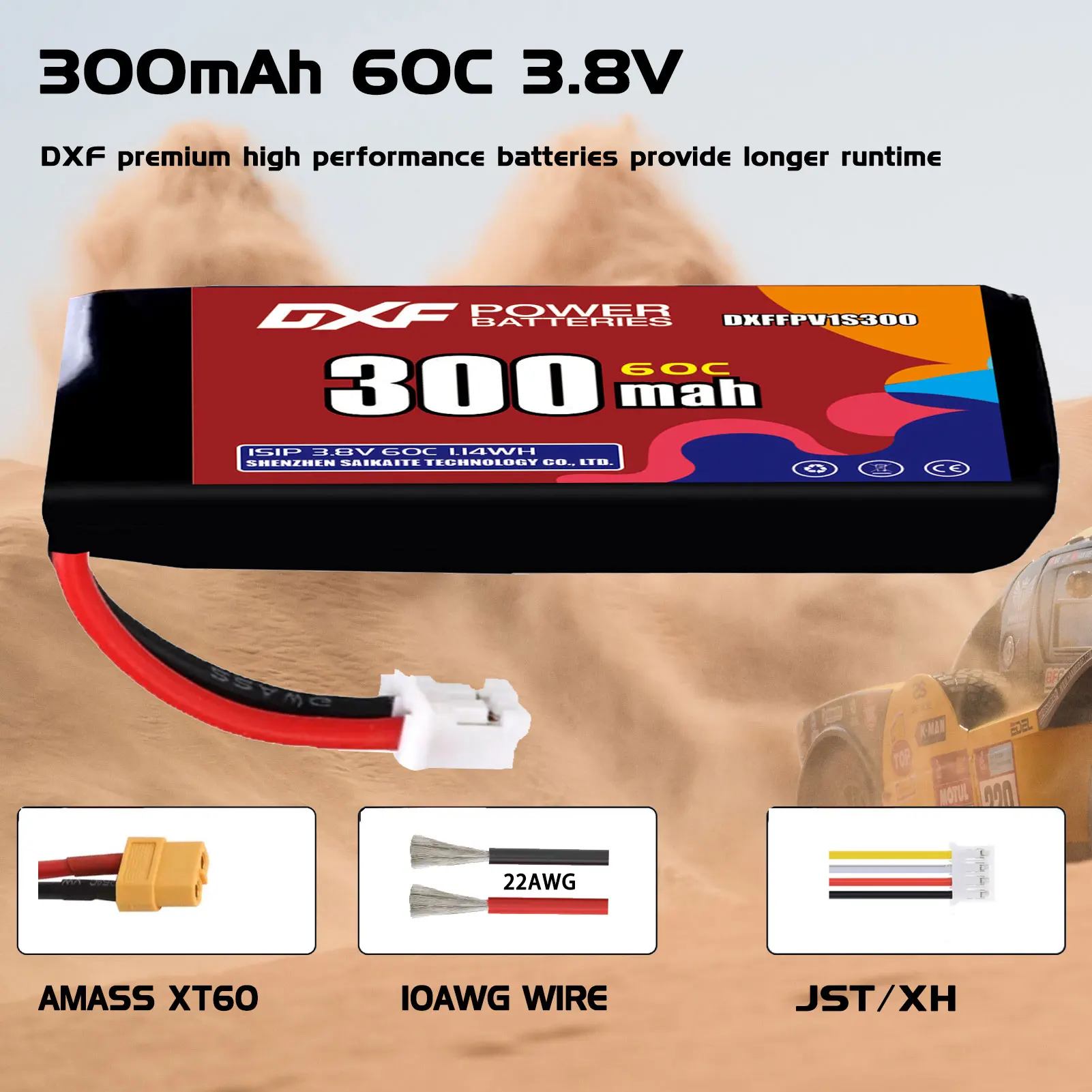 DXF Lipo 1S batterie 3.8V 300mAh 60C avec prise XT30 XT60 JST pour quadrirotor hélicoptère Drone avion FPV