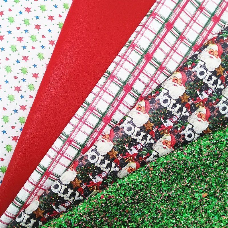 Christmas Faux leather HOLLY TARTANS Printed Synthetic Leather Glitter Vinyl Fabric For Bows Accessories DIY 21X29CM W649