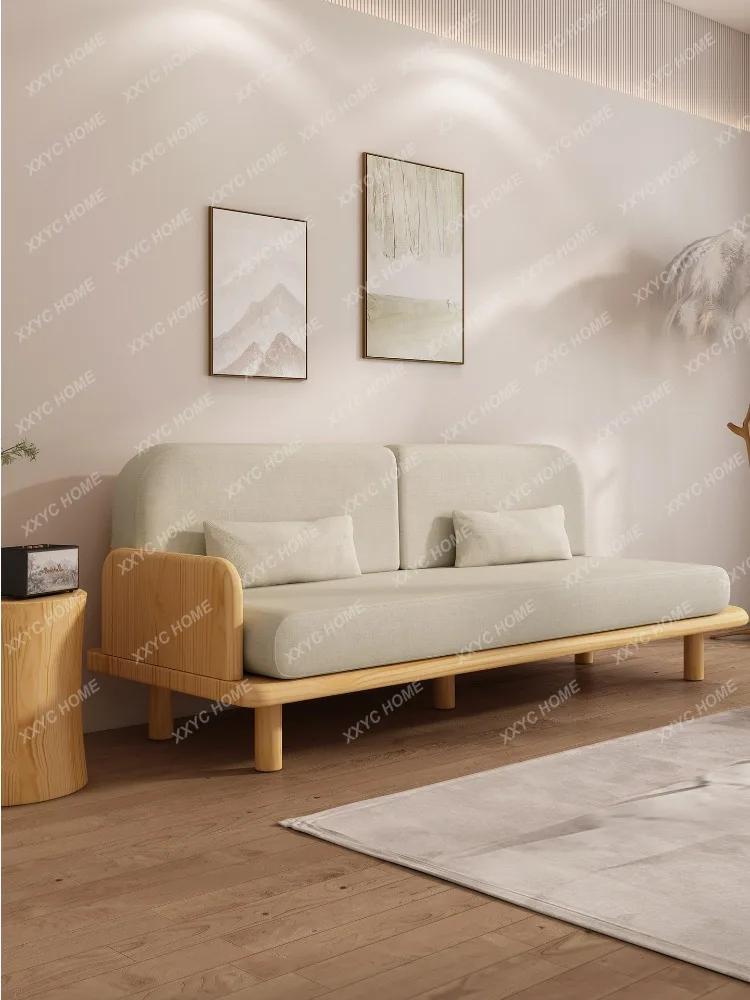 Log Style Furniture Solid Wood Sofa Small Apartment Simple Living Room Fabric Craft Straight Row Sofa Three-Seat Combination