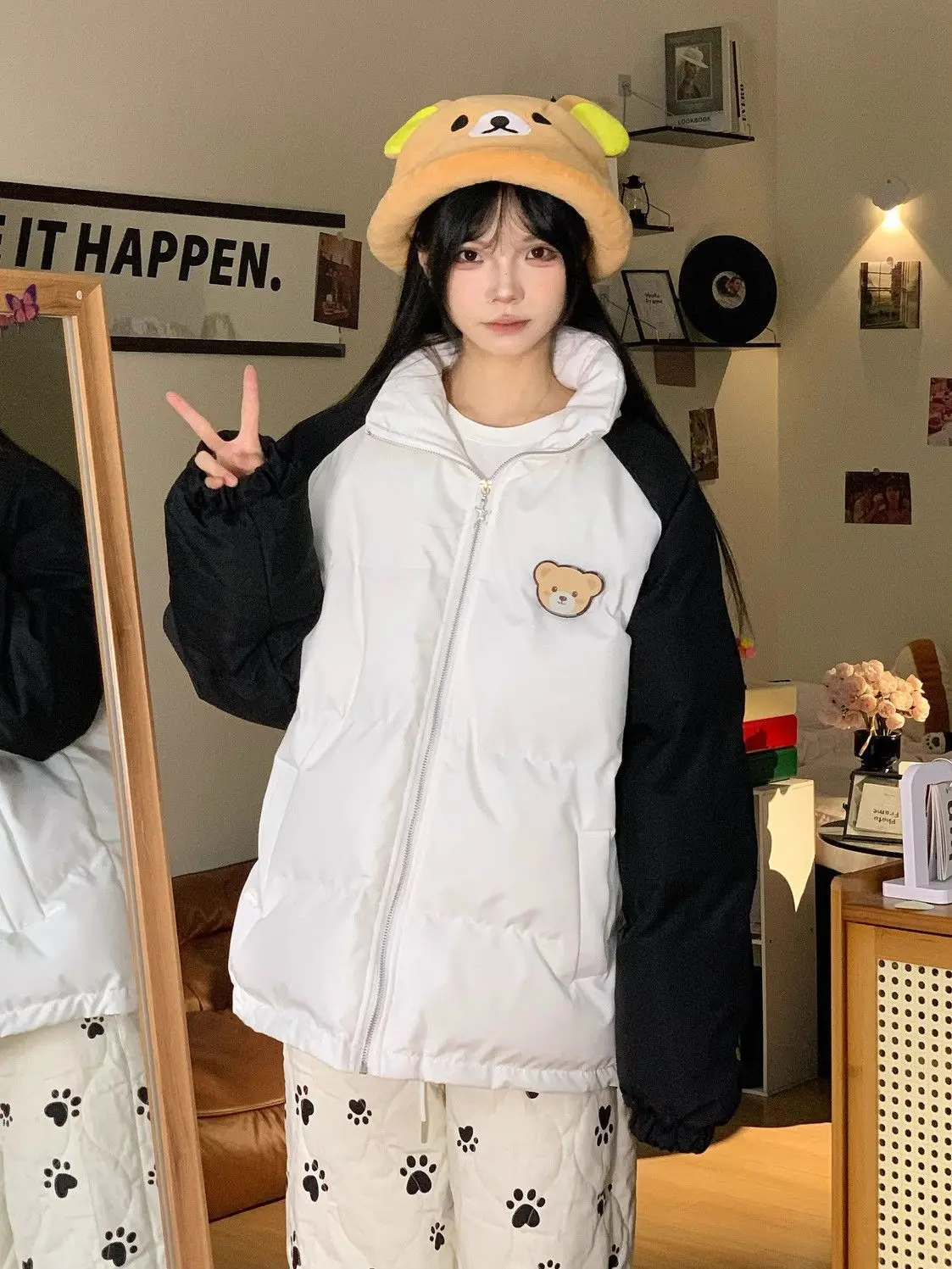 Harajuku Funny Original Cartoon Letter Parkas Coat Stand Collar Zipper Oversize Jacket Winter Japanese Teens Students Large Size