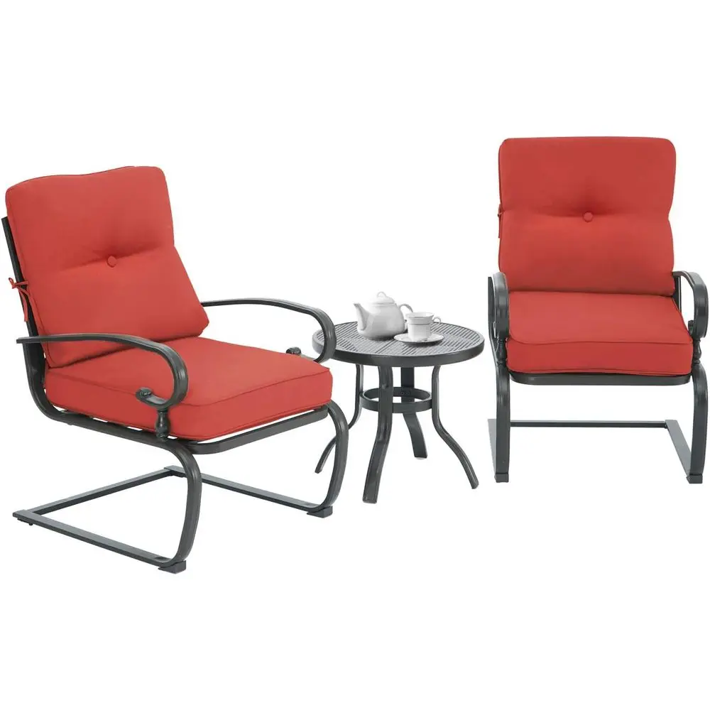 

Spring Metal Outdoor Bistro Set with Cushioned Chairs and Round Table, Wrought Iron Design, Red