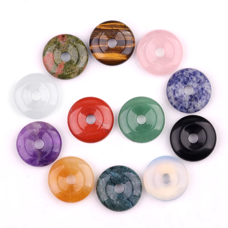 Opalite 30MM Round Disc Lucky Coin Pingan Pendant for Jewelry Making Crystal Amulet Circle Donut Stone Beads 6MM Hole