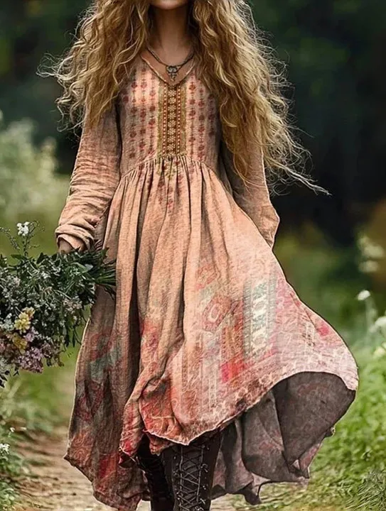 

New Spring and Autumn Women's Ethnic Pastoral Style V-neck Dress Long-sleeved Loose Fashion High Waist Slim Casual Midi Skirt